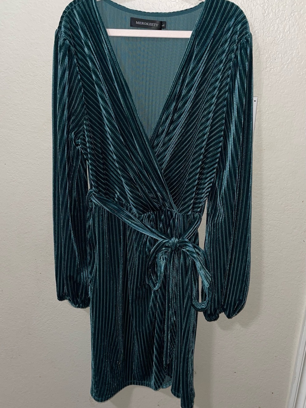 Merokeety Teal Velvet Wrap Dress with Long Sleeves
